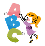 英語のアルファベットを積み上げる少女のイラスト